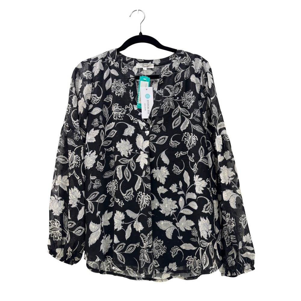 NWT Beacon Apparel Floral Swiss Dot Blouse Black White Stitch Fix Small